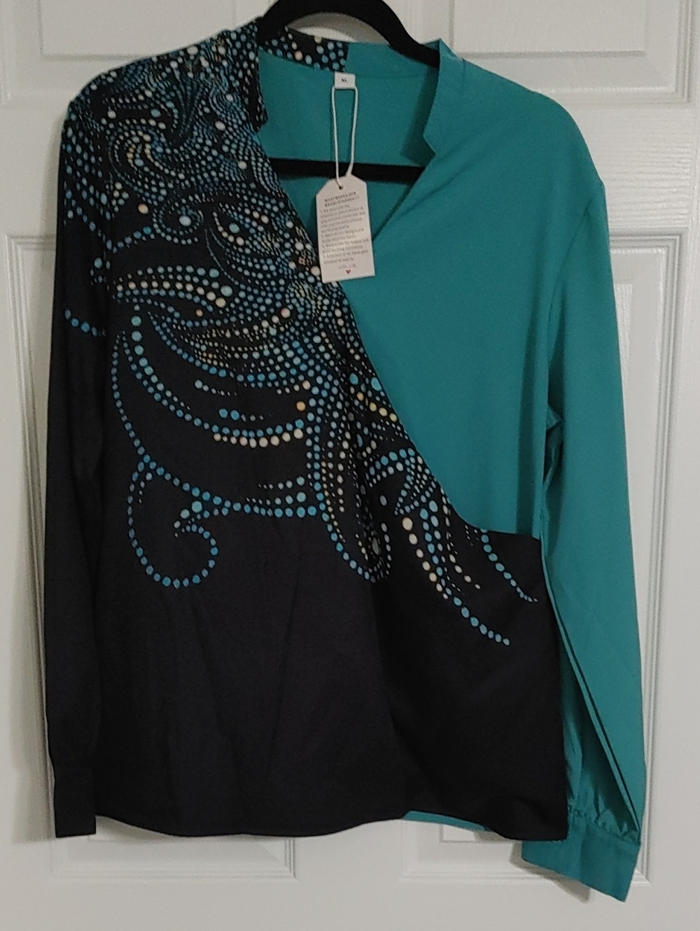 Made With Love Teal and Black Patterned Long-Sleeve Women’s Top Women's Size XL